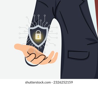 cyber security and network data protection, businessman holding internet network security padlock encryption, security of personal data of protection against digital attacks