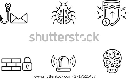 cyber security and network protection line icon set featuring phishing bug server shield firewall siren and skull malware symbols