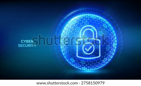 Cyber security. Network safety. Data protection concept. Information privacy. Padlock with Check mark icon inside transparent sphere shield with hexagon pattern on blue background. Vector illustration