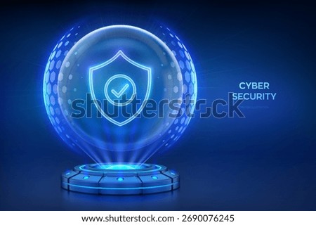 Cyber security. Network safety. Holographic platform with glowing rays forming a projection of a Protection shield with Check mark icon inside sphere shield with hexagon pattern. Vector illustration.