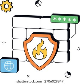 La red de seguridad cibernética muestra protección de cortafuegos con Contraseña y equipo de Internet. Se puede utilizar para presentaciones de seguridad de Sitio web, protección de datos o seguridad cibernética. Vector plano isométrico.