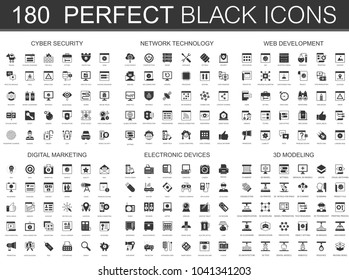 Cyber security, network technology, web development, digital marketing, electronic devices, 3d modeling black classic icon set.