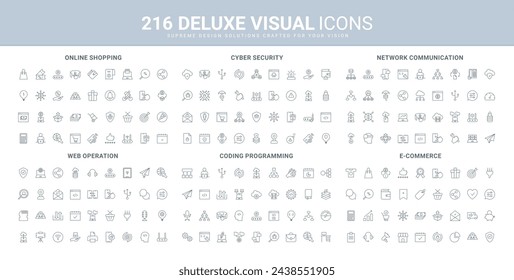 Cyber security of network and web services, online shopping on sales and programming line icons set. Code development, mobile apps and software testing thin black outline symbols vector illustration