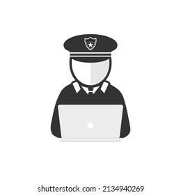 Cyber Security Officer Sign. Cybercrime Police. Uniform Man On A Computer. Laptop Operator. Character Figure Vector Illustration. Black And White Color.