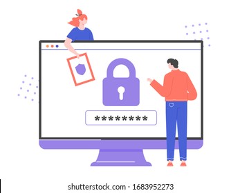 Cyber security on the Internet. Monitor with lock and password form. Characters near the computer. Vector flat illustration.