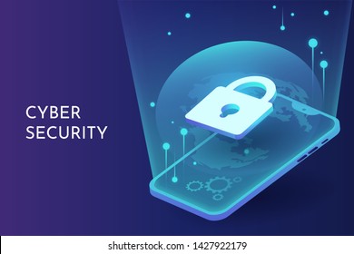 cyber security on smart phone isometric vector background