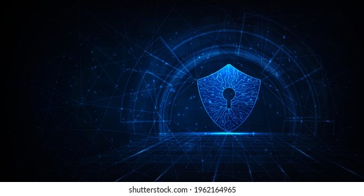 Cyber security and Online information protect concept. Computer protection virus attack with shield Keyhole icon on dark Blue hi tech background.Vector illustration Eps 10.
