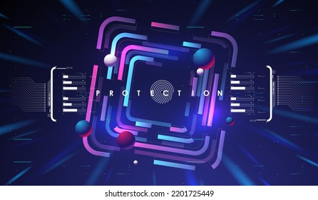 Cyber security. Online information protect, internet digital technology background. Fingerprint scanning on futuristic neon background.