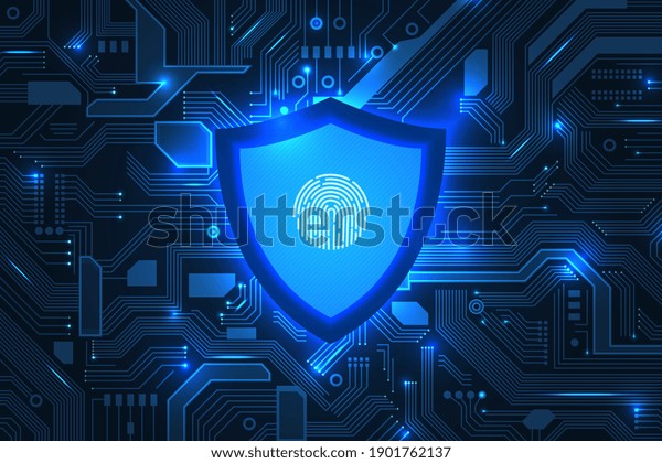 Cyber security. Online information protect,\
internet digital technology background. Save data, fingerprint on\
shield recent vector\
concept