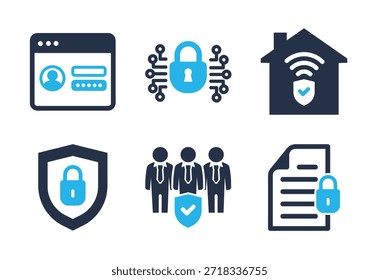 Conjunto de iconos de seguridad cibernética y privacidad en línea. Iconos de la serie de glifos sólidos