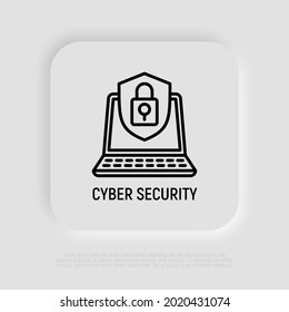 Cyber-Sicherheit, öffnen Sie Laptop mit Schild dünnen Linie Symbol. Moderne Vektorgrafik.