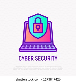 Cyber security: opened laptop with shield thin line icon. Modern vector illustration.