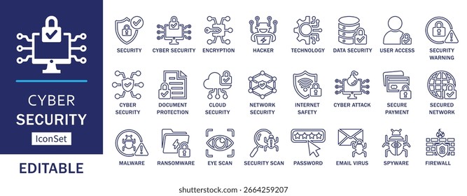 Cyber security outline icon set. Featuring flat vector symbols like encryption, firewall,  password protection, secure payment, internet safety, data security, user access and cloud security in modern