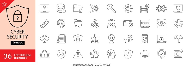 Conjunto de ícones de estrutura de tópicos de segurança cibernética. Incluindo proteção de dados, spam, seguro, segurança, antivírus, senha, privacidade, cadeado e hacker. Ilustração vetorial. Traçado editável.