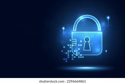 Cyber security padlock blue abstract digital transformation background. Decoding technology and Computer network protection concept. New futuristic system technology sign symbol. Vector illustration.