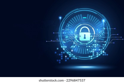 Cyber security padlock blue abstract digital binary code background. Decoding technology and Computer network protection concept. New futuristic system technology sign and symbol. Vector illustration.