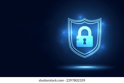 Cyber security padlock blue abstract digital glowing background. Decoding technology and Computer network protection concept. New futuristic system technology sign and symbol. Vector illustration.