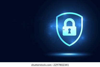 Cyber security padlock blue abstract digital glowing background. Decoding technology and Computer network protection concept. New futuristic system technology sign and symbol. Vector illustration.