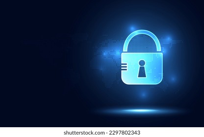 Fondo de transformación digital abstracta azul del candado de seguridad cibernética. Tecnología de descodificación y concepto de protección de redes informáticas. Nuevo símbolo de signo de tecnología de sistema futurista. Ilustración vectorial.