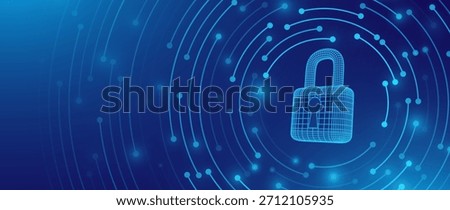 Cyber Security Padlock With Shield, Data Privacy Protection, and Digital Lock Concept on Futuristic Blue Background. Technology and Encryption Theme. Vector Illustration.
