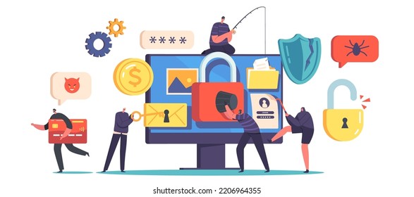 Cyber Security, Password Phishing, Hacker Attack Concept. Hackers Stealing Personal Data in Internet. Tiny Cyber Bulgar Characters at Huge Pc Steal Data Online. Cartoon People Vector Illustration
