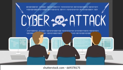 Cyber Security People protecting desktops from Cyber Attack. Computer network protection internet security conceptual illustration vector
