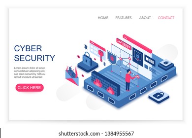 Cyber security, personal cloud data saving, privacy security concept 3d isometric web template vector illustration. People interacting with virtual screen charts and analyzing statistics.