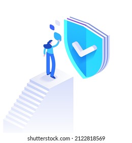 Cyber security and personal data protection. People work in security system. Antivirus program, protection hacker attacks. Verification and authentication users. Vector illustration in isometric view