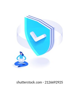 Cyber security and personal data protection. People work in security system. Antivirus program, protection hacker attacks. Verification and authentication users. Vector illustration in isometric view