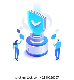 Cyber security and personal data protection. People work in security system. Antivirus program, protection hacker attacks. Verification and authentication users. Vector illustration in isometric view