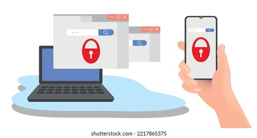 Cyber Security and Personal Data Protection Concept. Devices Secure Connected to Data Center. Hand with a smartphon. Vector Illustration.