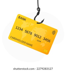 Cyber security phishing, bank card in a hook. Vector illustration.