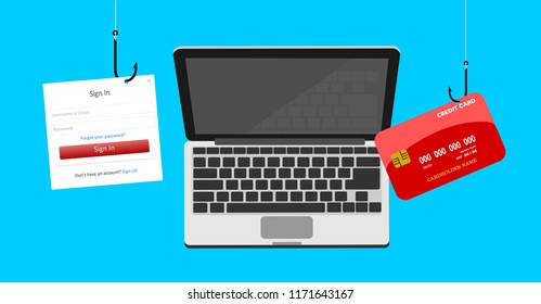 Vector de ilustración de concepto de ciberseguridad y phishing. Robar información de identidad y dinero
