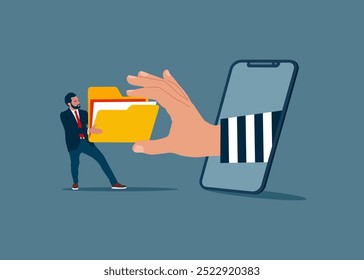 Cyber security and phishing files data in folder. Mobile Banking Fraud, Hacking and Cyber Crime. Organizing file and document in database. Modern vector illustration in flat style