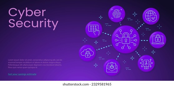 Cyber security poster template with 3d icons. Set of privacy, protection, defense, safe, computer and more.