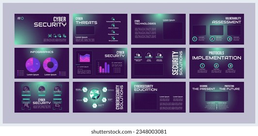 Cyber security presentation templates set. Cybersecurity training. Risk management. Ready made PPT slides on purple background. Graphic design. Roboto Light, Bebas Neue, Audiowide fonts used