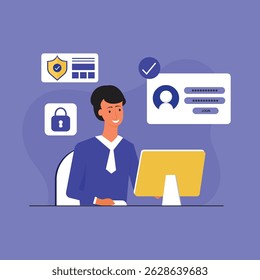 Concepto de seguridad cibernética y privacidad. Cyber defender trabaja en un portátil