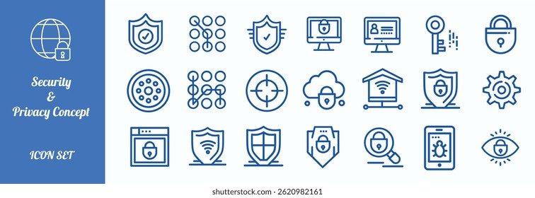 Conjunto de iconos de concepto de seguridad cibernética y privacidad para protección digital, seguridad en línea y seguridad de datos en sistemas de Tecnología modernos