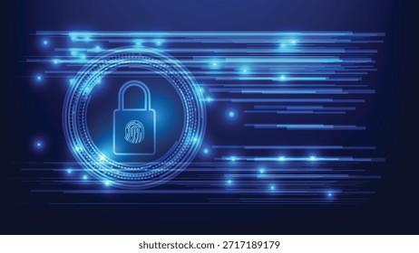 Ciberseguridad y privacidad Protección digital de datos. Candado con símbolo de huella digital con elemento futurista sobre fondo azul 