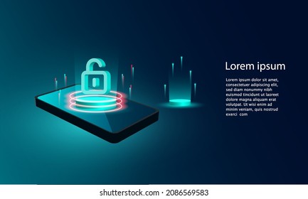 Seguridad cibernética y privacidad en Smart Phone sobre el fondo de la tecnología de interfaz virtual, Banner vector de comunicación y conectividad aislado en el fondo oscuro.