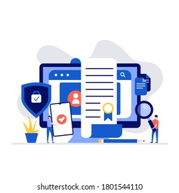 Cyber security and privacy policy concept with characters. Computer with firewall protection shield on screen. Modern vector illustration in flat style for landing page, mobile app, hero images.