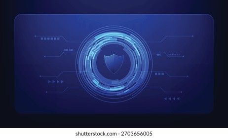 cyber security and privacy protection. digital shield with futuristic circle on blue background