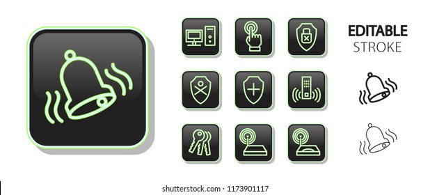 Cyber security, private protection, computer technology buttons. Neon icon set. Glossy web application icons. Editable stroke. Vector illustration. 