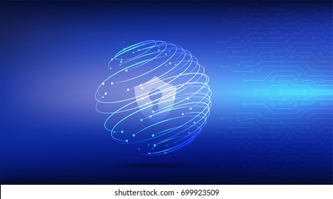 Cyber security protection concept globe with lock icon on blue mosaic background and arrow. Protect mechanism, system privacy. Vector illustration