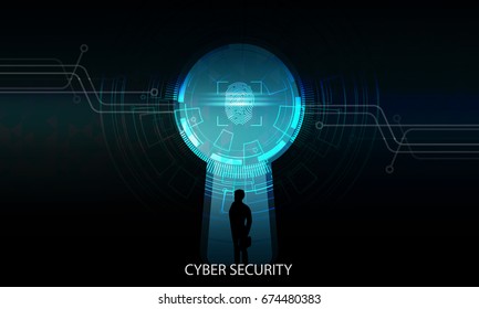 Cyber security protection concept with lock icon fingerprint scan icon and person on black background and cycle. Protect mechanism, system privacy. Vector illustration