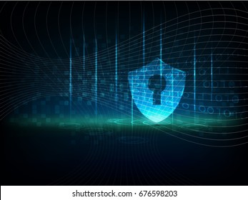 Cyber security protection concept with lock icon on blue rain background and line. Protect mechanism, system privacy. Vector illustration