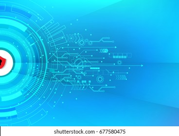 Cyber security protection concept with lock icon,Circle,Circuits,cog,Geometry on blue background and arrow. Protect mechanism, system privacy. Vector illustration