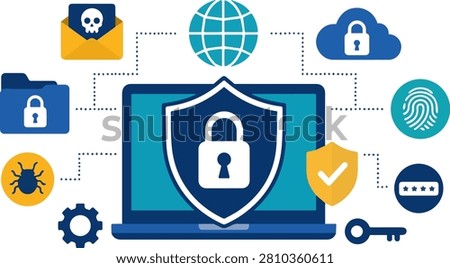 Cyber Security Protection Concept with Secure Laptop Shield Lock Cloud Data Privacy Network Safety Flat Vector Illustration