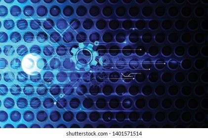 Cyber security protection concept technology with electronic circuit on blue background and arrow. Protect mechanism, system privacy. Vector illustration