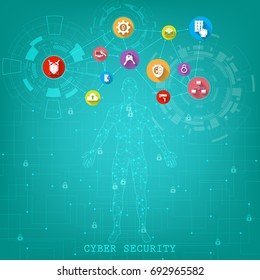 Cyber security protection concept technology.Secure digital space. Virtual confidential, structure point connection, programming protection, padlock scheme system, vector illustration